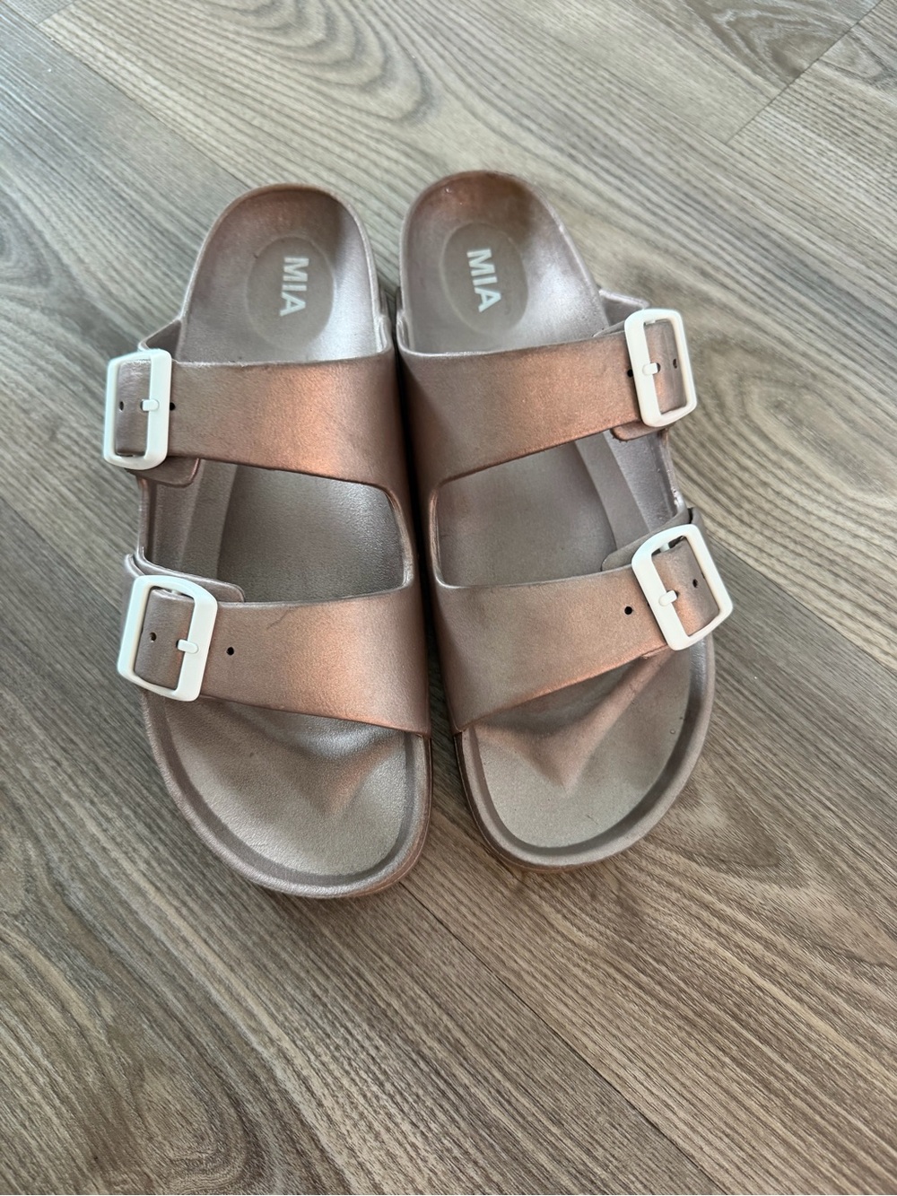 MIA Metallic Rose Slide Sandals with Double Buckles
